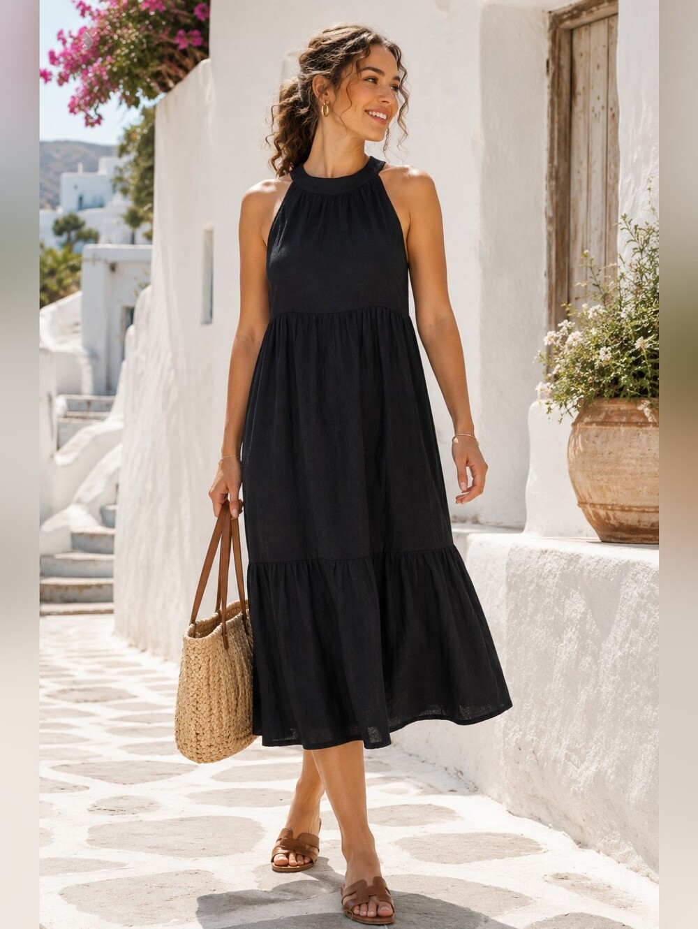 Anna-Kaci Halter Tiered Midi Dress Large Resort Vacation Coastal Chic Black